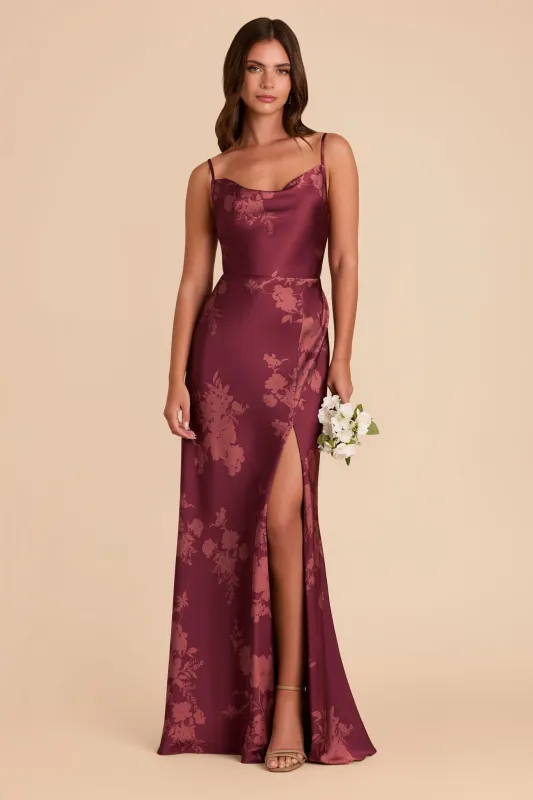 Lisa Matte Satin Dress - Sangria Whimsical Blooms sold by Birdy Grey