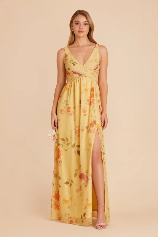Laurie Chiffon Dress - Pale Yellow Rococo Floral sold by Birdy Grey