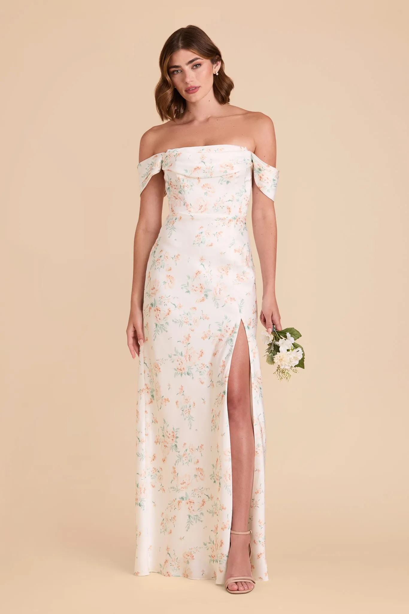 Mia Matte Satin Dress - Apricot Whimsical Blooms sold by Birdy Grey