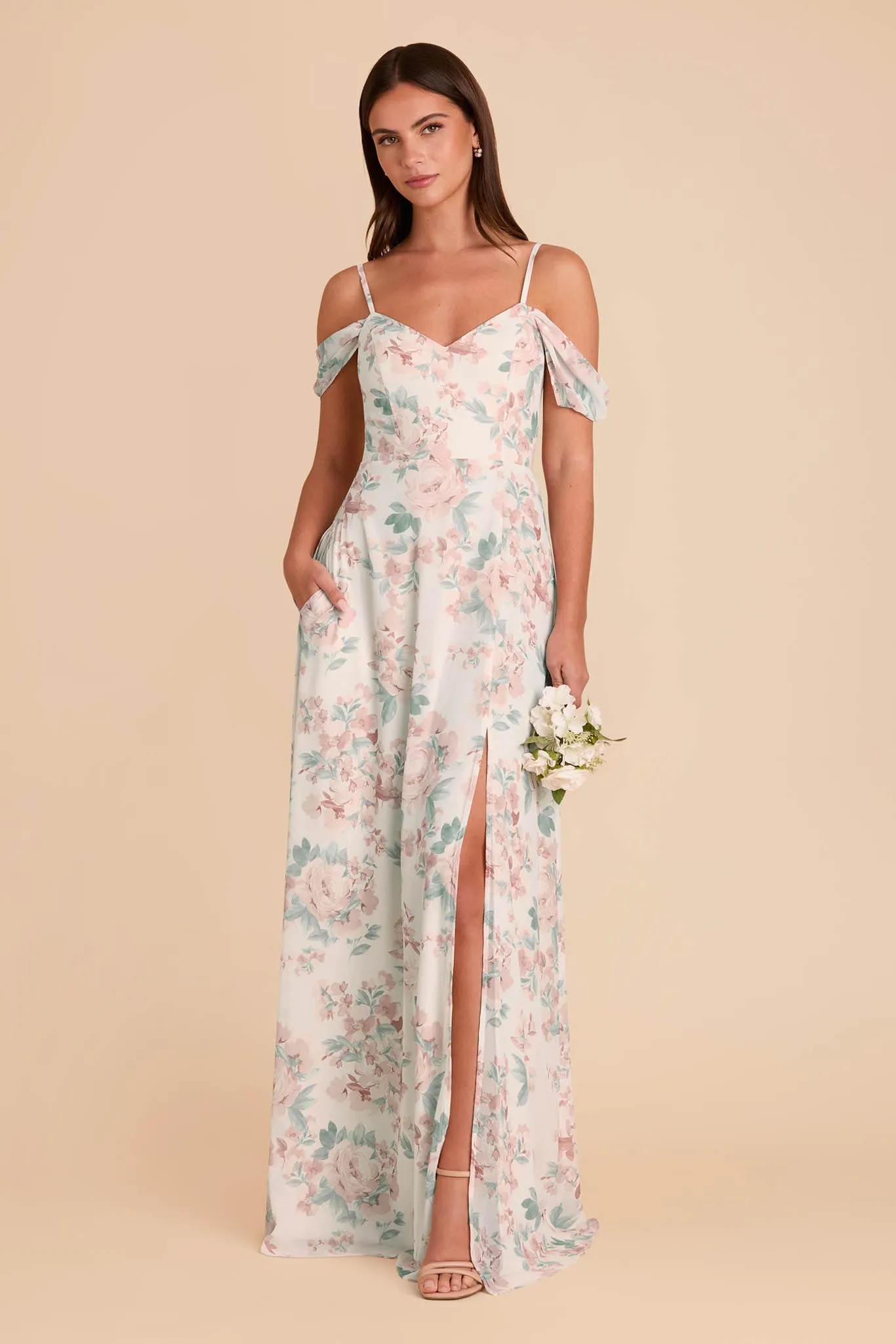 Devin Chiffon Dress - Dusty Apricot Peonies sold by Birdy Grey product image thumbnail 3
