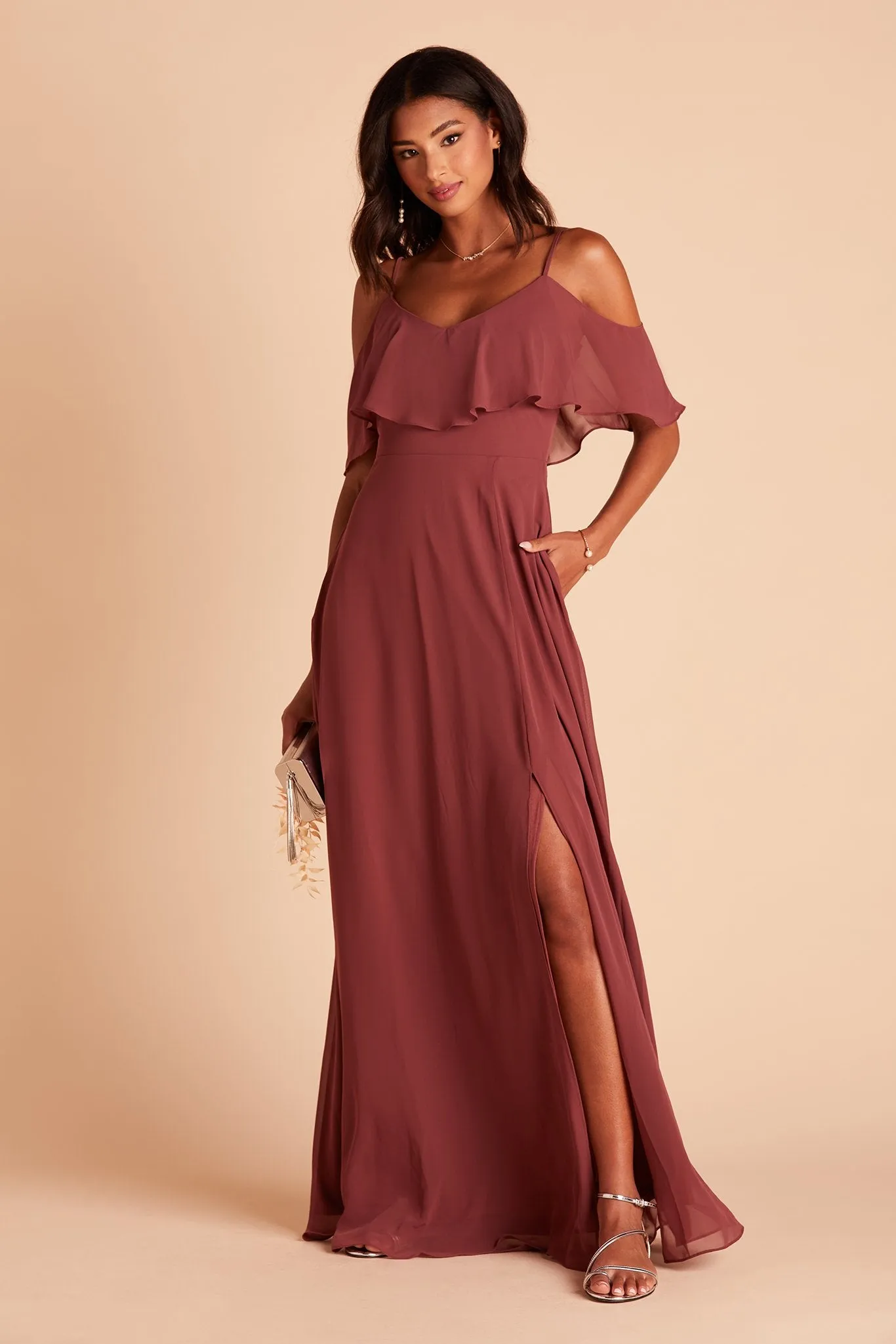 Jane Chiffon Dress With Slit - Rosewood sold by Birdy Grey