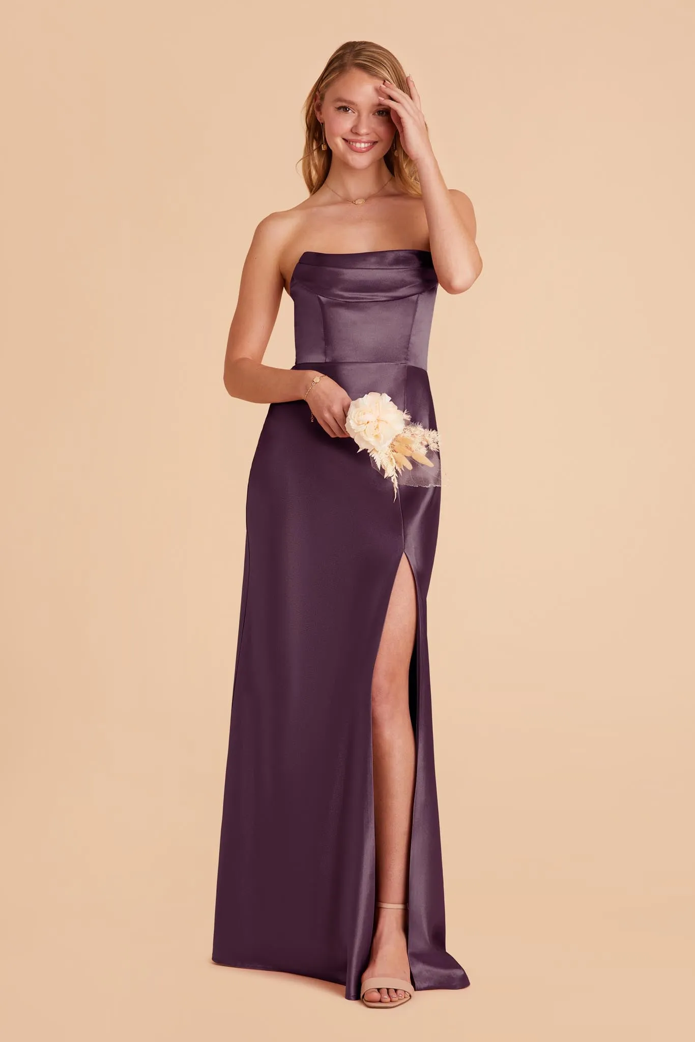 Mia Shiny Satin Dress - Plum sold by Birdy Grey