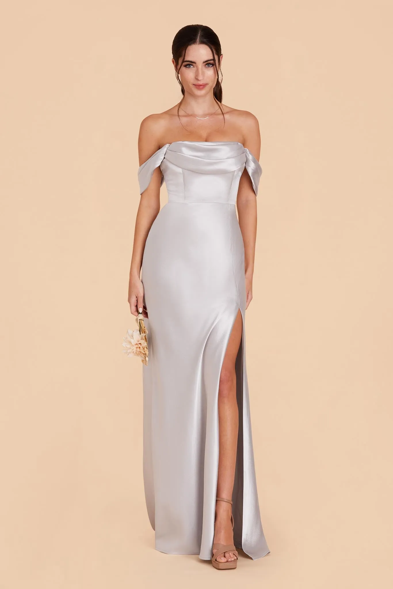 Mia Shiny Satin Dress - Platinum sold by Birdy Grey