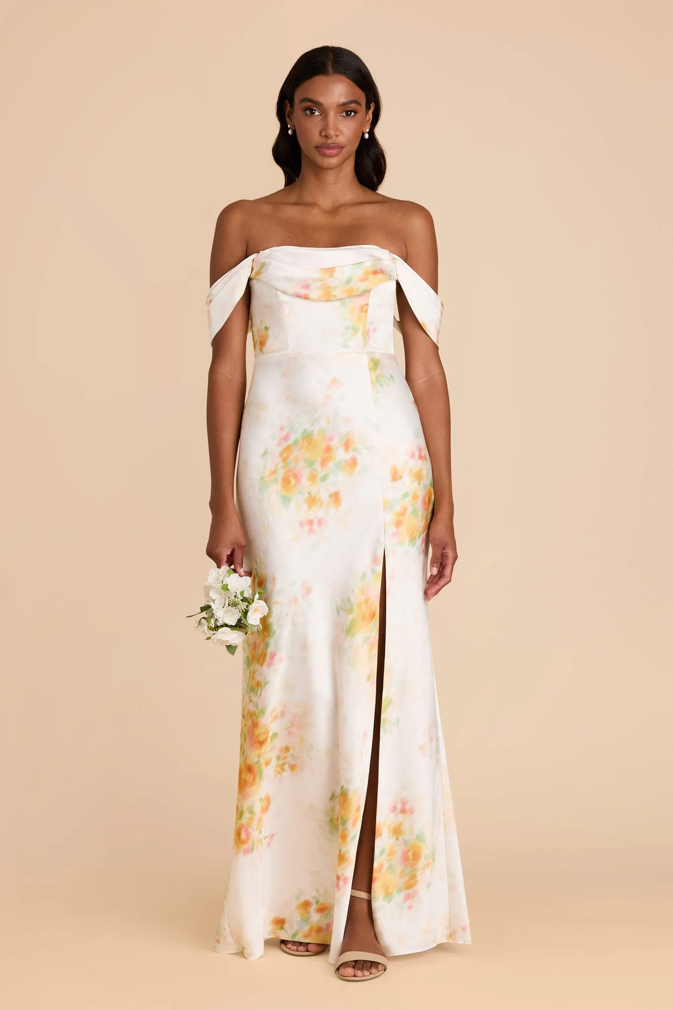 Mia Matte Satin Dress - White Blurred Floral sold by Birdy Grey