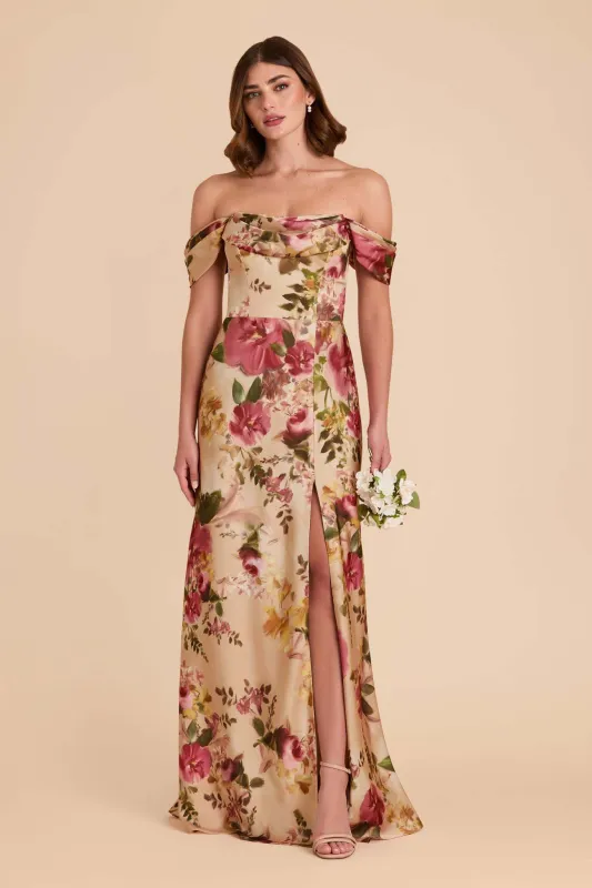 Mia Matte Satin Dress - Hazelnut Moody Blooms sold by Birdy Grey