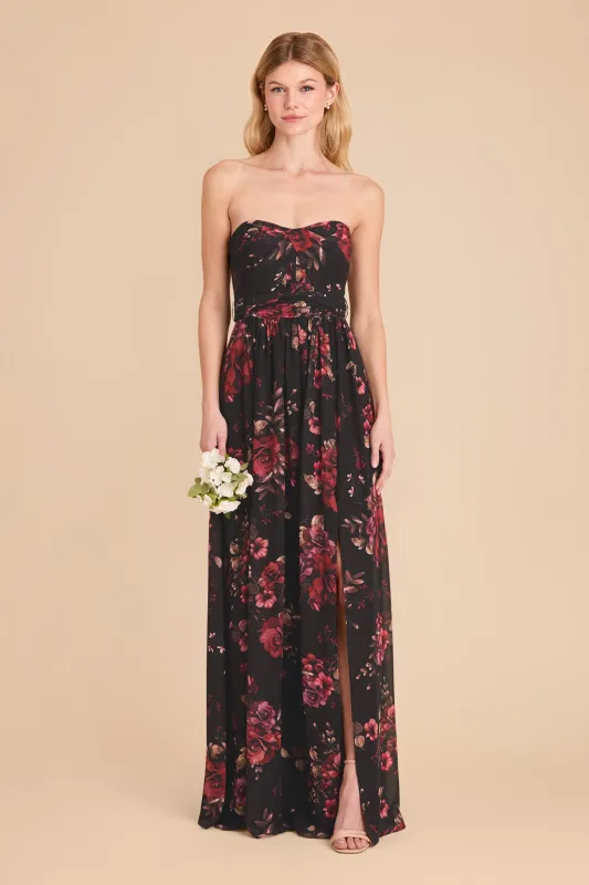 Grace Chiffon Dress With Slit - Black Fleurs D'Amour sold by Birdy Grey