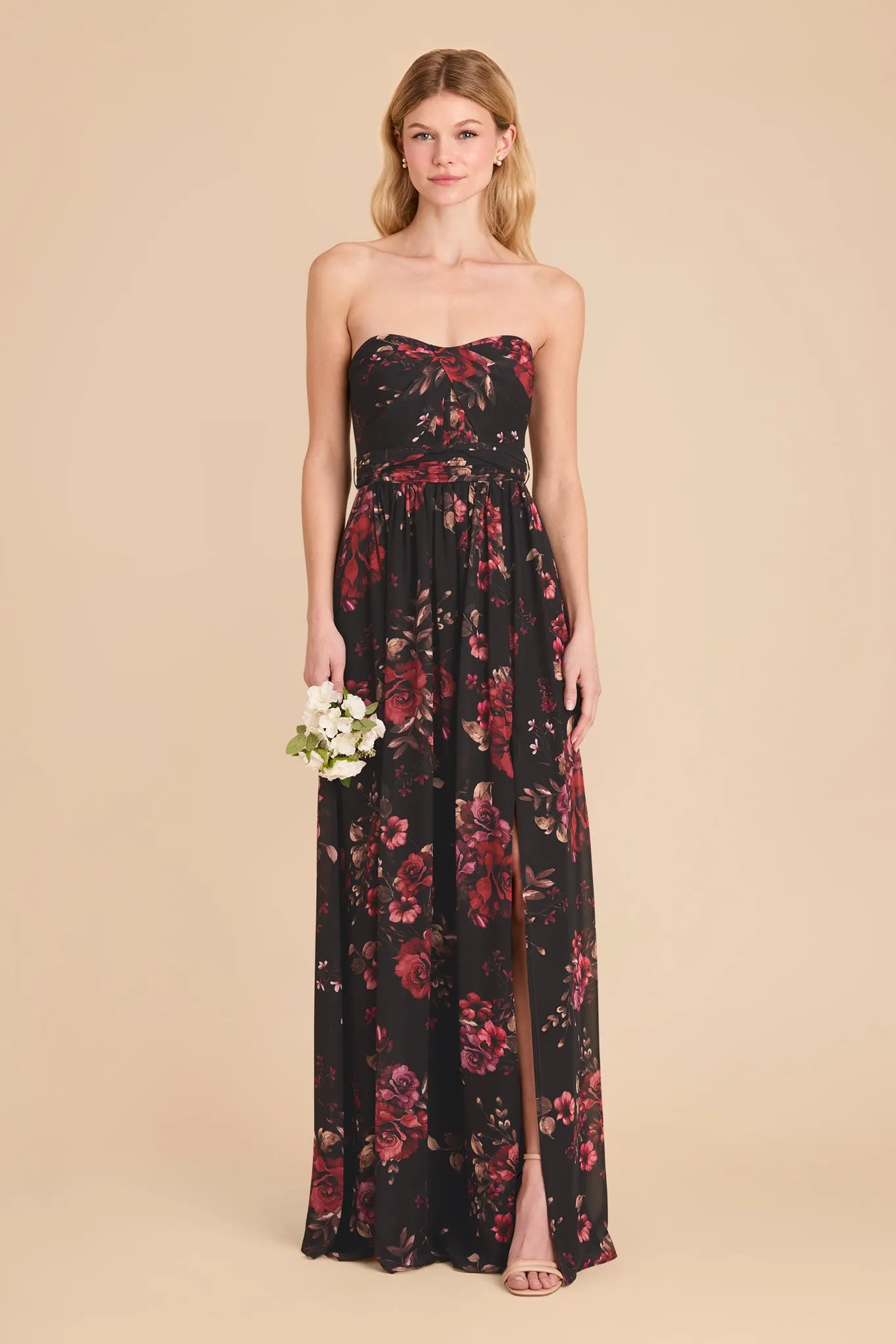 Grace Chiffon Dress With Slit - Black Fleurs D'Amour sold by Birdy Grey