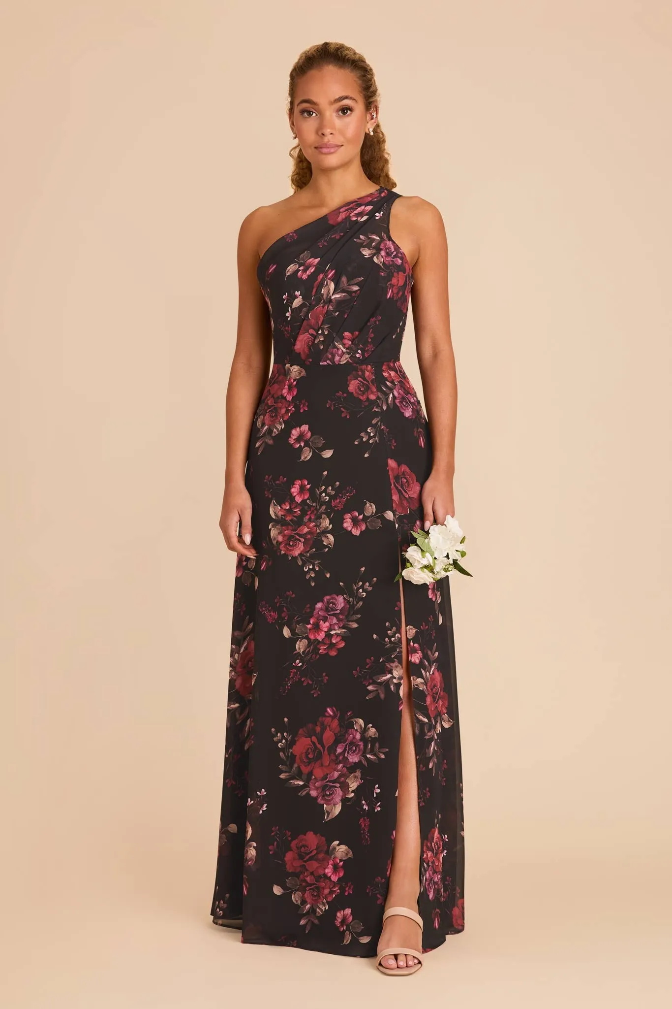 Kira Chiffon Dress With Slit - Black Fleurs D'Amour sold by Birdy Grey