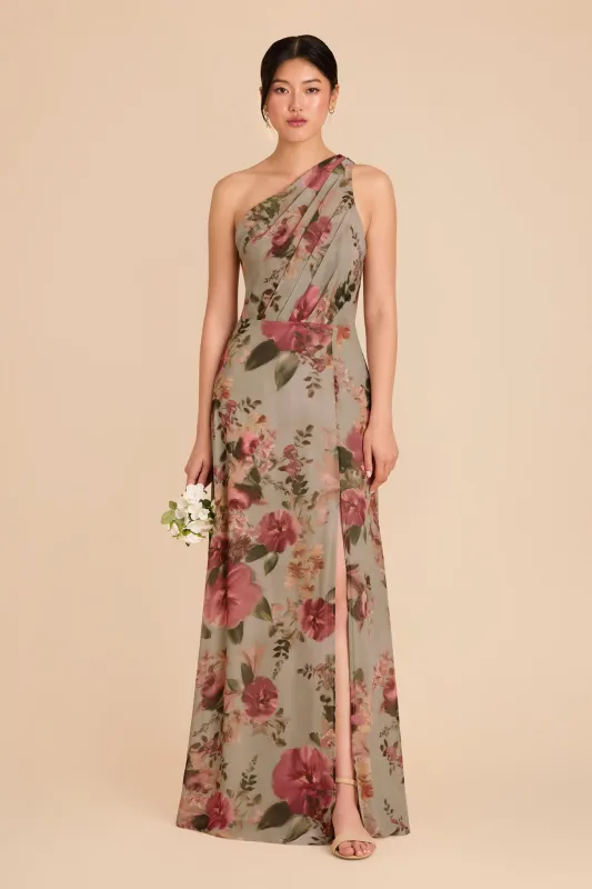 Kira Chiffon Dress With Slit - Silver Sage Painted Botanics sold by Birdy Grey