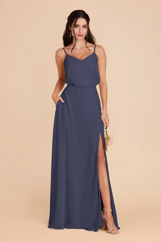 Gwennie Chiffon Dress With Slit - Dusk Blue sold by Birdy Grey