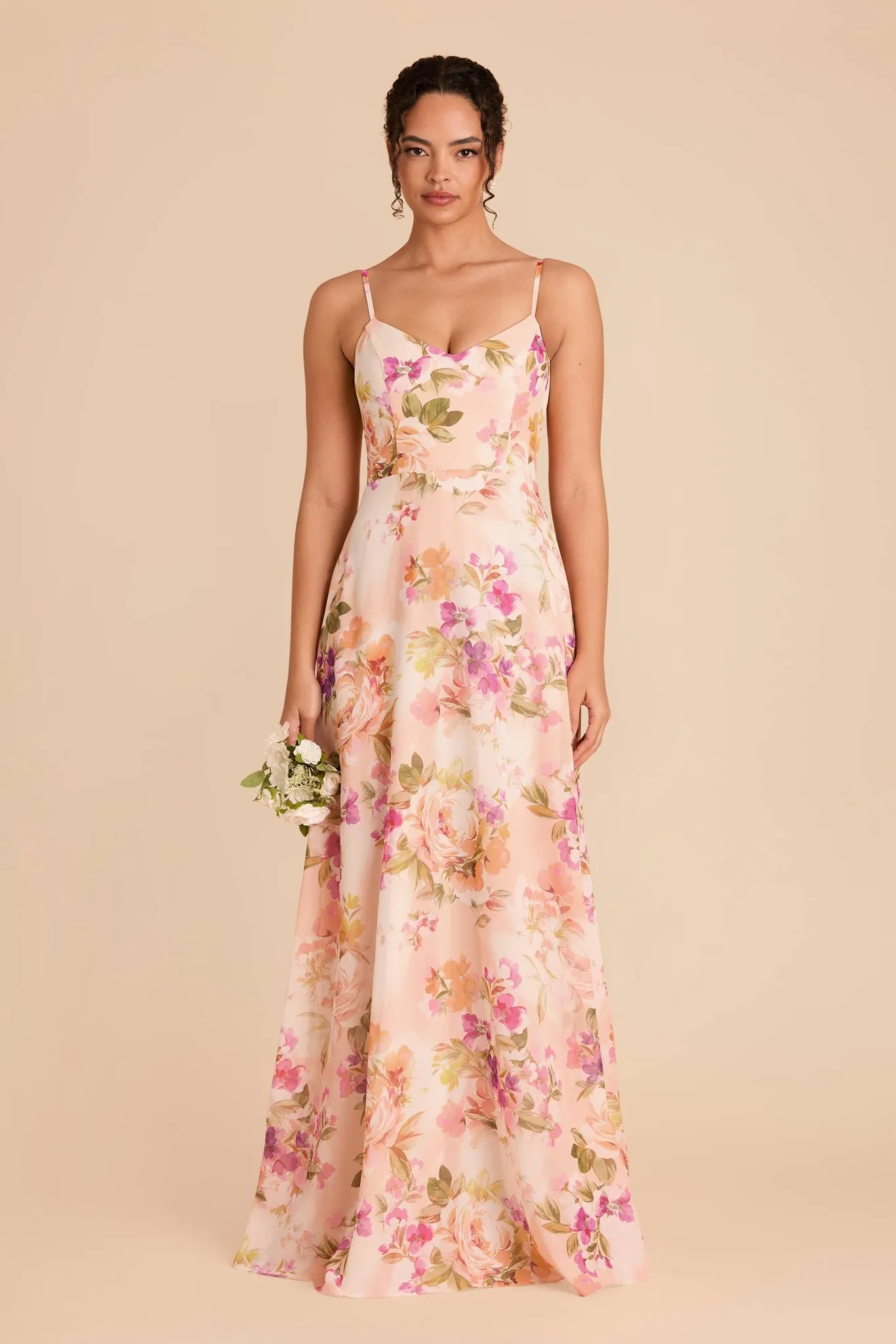 Devin Chiffon Dress - Coral Sunset Peonies sold by Birdy Grey