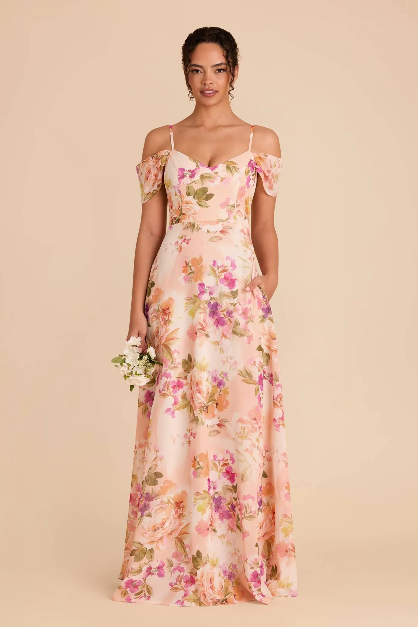 Devin Chiffon Dress - Coral Sunset Peonies sold by Birdy Grey product image thumbnail 3