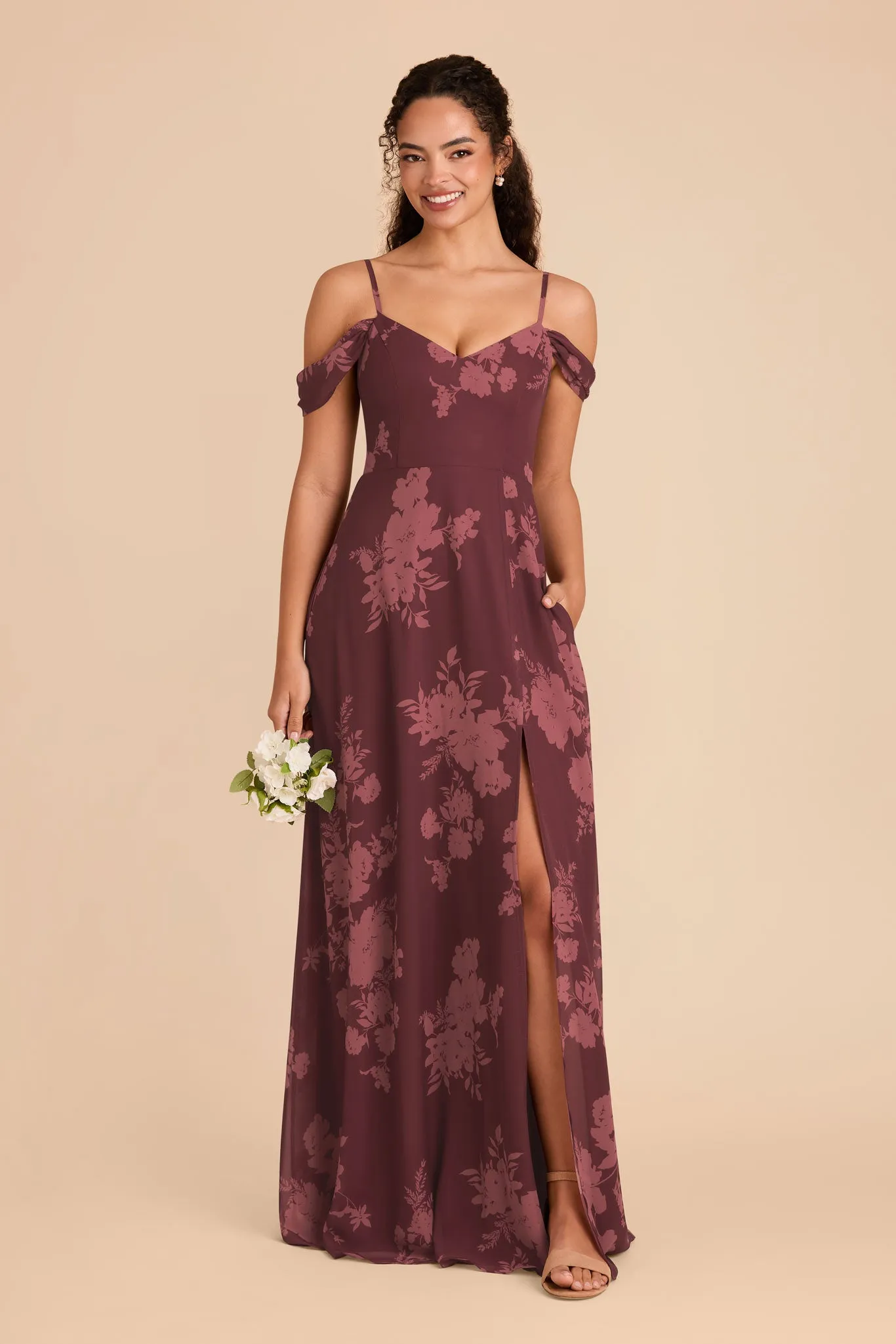 Devin Chiffon Dress With Slit - Sangria Whimsical Blooms sold by Birdy Grey product image thumbnail 3