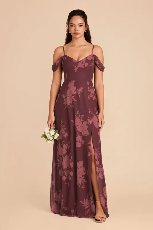 Devin Chiffon Dress With Slit - Sangria Whimsical Blooms sold by Birdy Grey