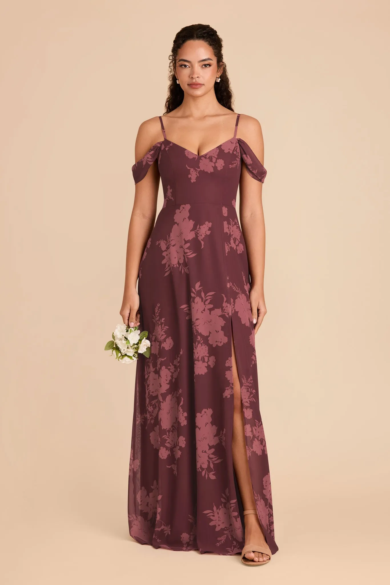 Devin Chiffon Dress With Slit - Sangria Whimsical Blooms sold by Birdy Grey