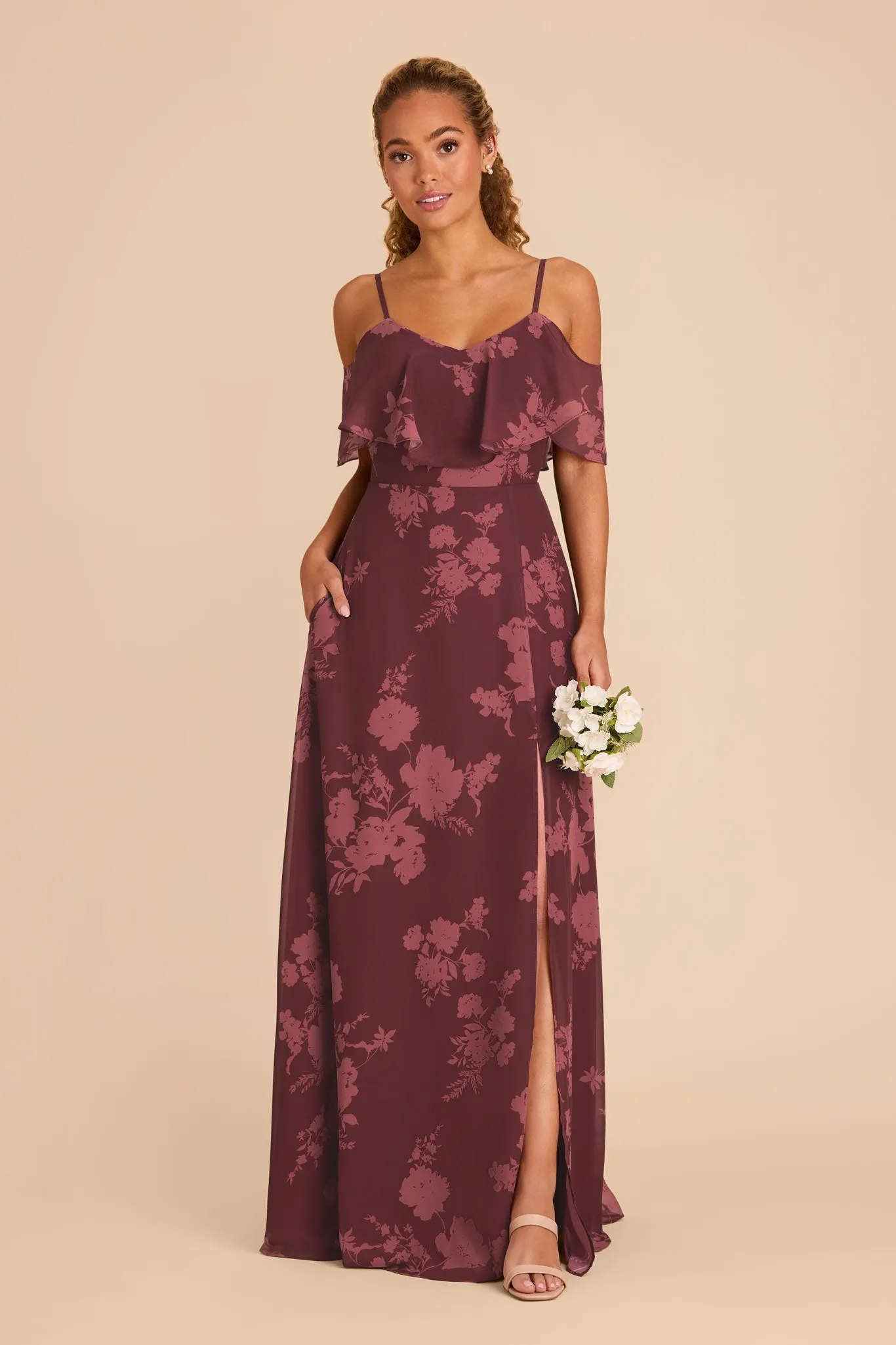 Jane Chiffon Dress With Slit - Sangria Whimsical Blooms sold by Birdy Grey product image thumbnail 3