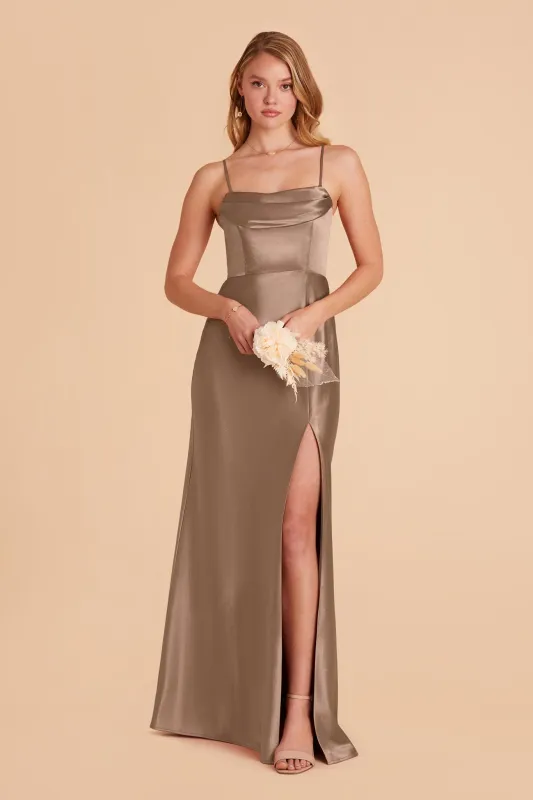 Mia Shiny Satin Dress - Mocha sold by Birdy Grey