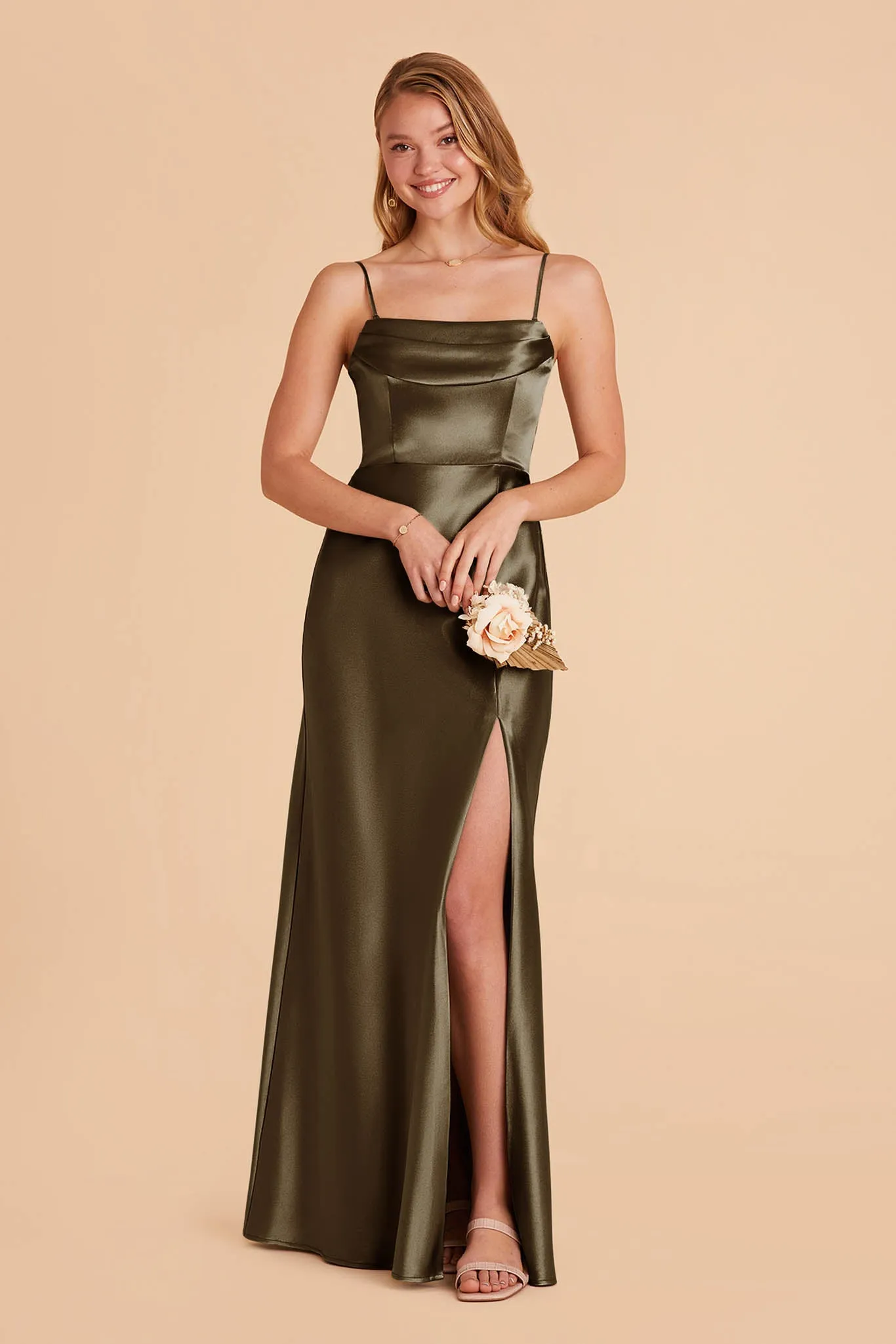 Mia Shiny Satin Dress - Olive sold by Birdy Grey