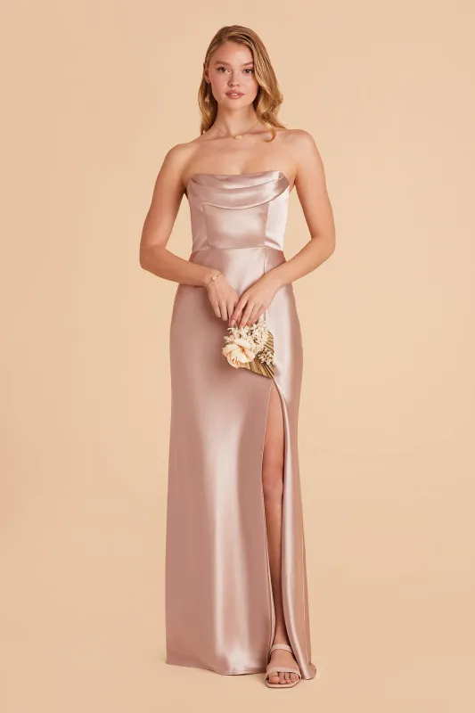 Mia Shiny Satin Dress - Taupe made by Birdy Grey