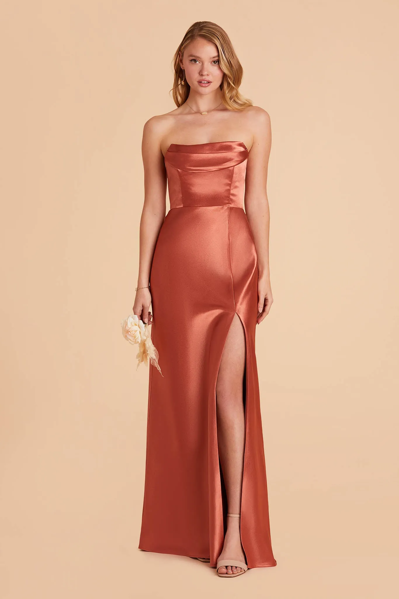 Mia Shiny Satin Dress - Terracotta sold by Birdy Grey