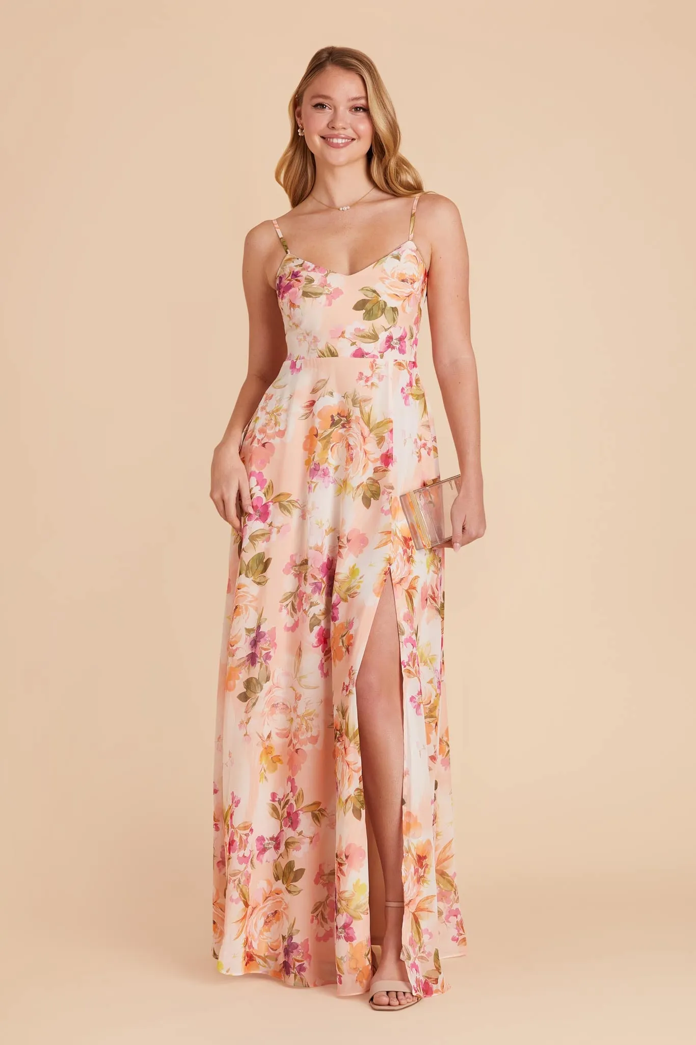 Devin Chiffon Dress With Slit - Coral Sunset Peonies sold by Birdy Grey product image thumbnail 2