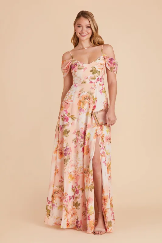 Devin Chiffon Dress With Slit - Coral Sunset Peonies sold by Birdy Grey