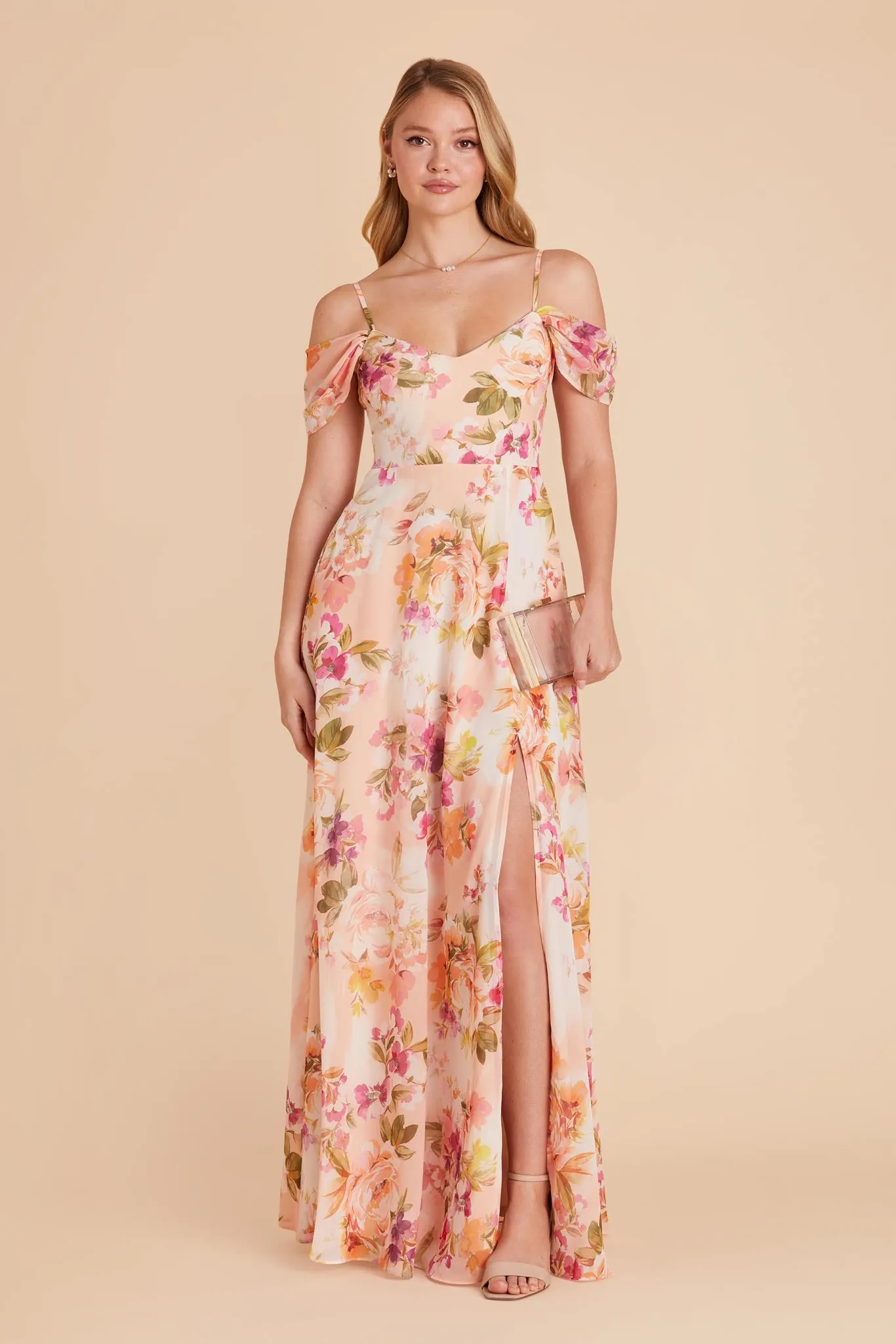 Devin Chiffon Dress With Slit - Coral Sunset Peonies sold by Birdy Grey product image thumbnail 4