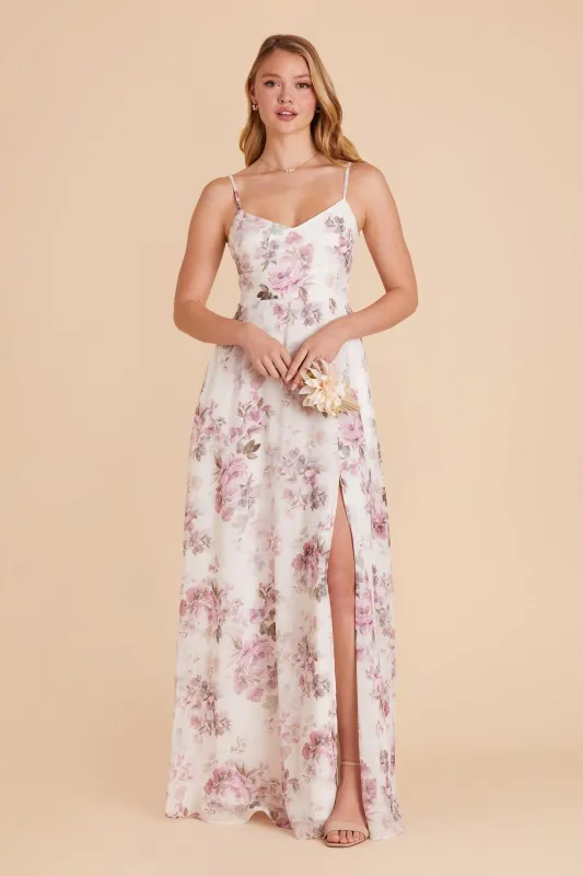 Devin Chiffon Dress With Slit - Dusty Pink Peonies sold by Birdy Grey