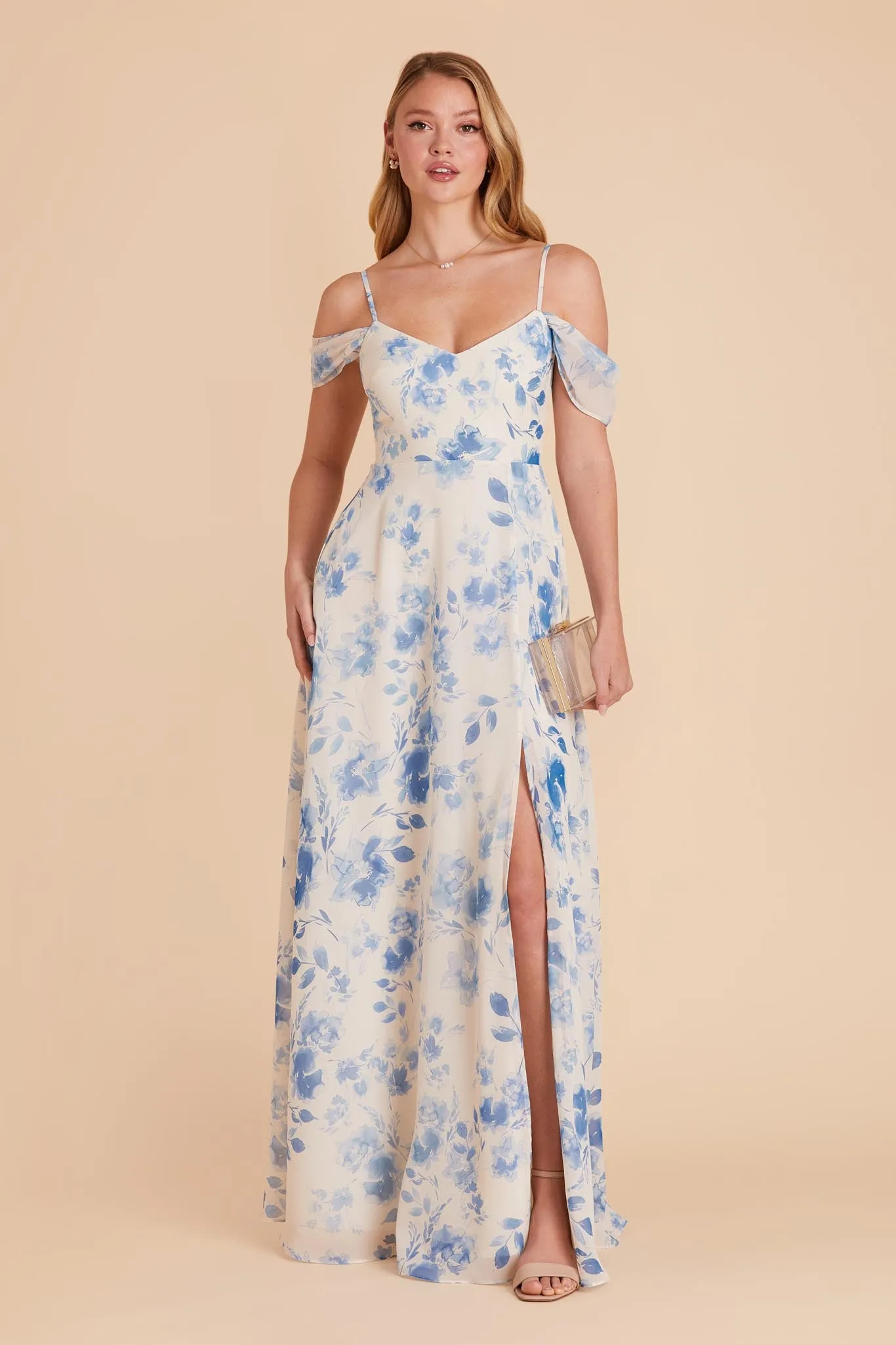 Devin Chiffon Dress With Slit - Blue Rococo Floral sold by Birdy Grey