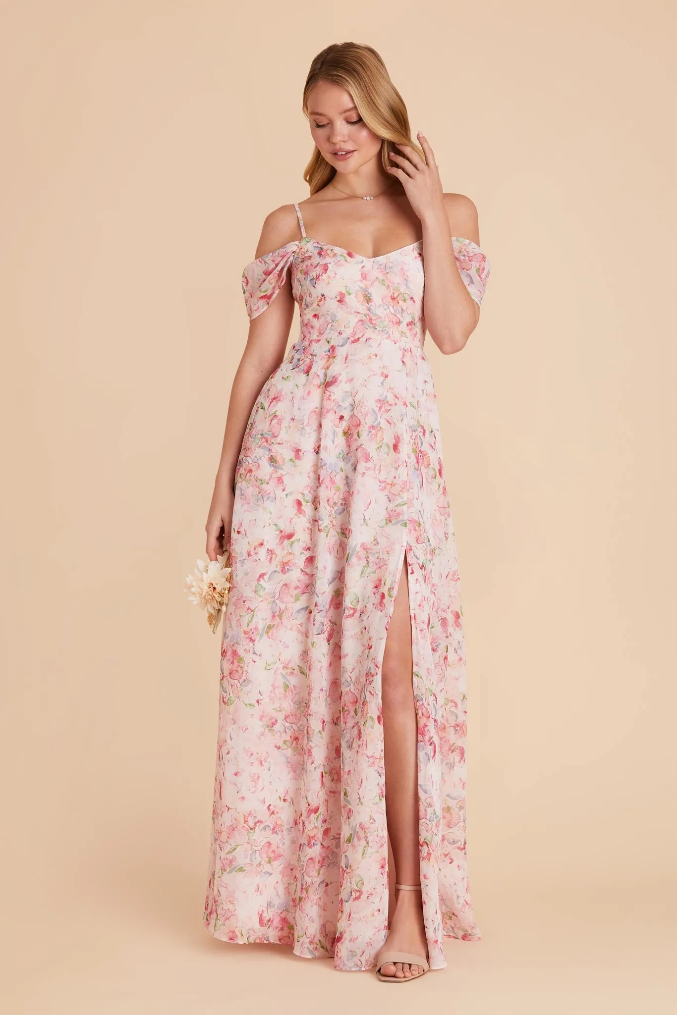 Devin Chiffon Dress With Slit - Pink Falling Petals sold by Birdy Grey