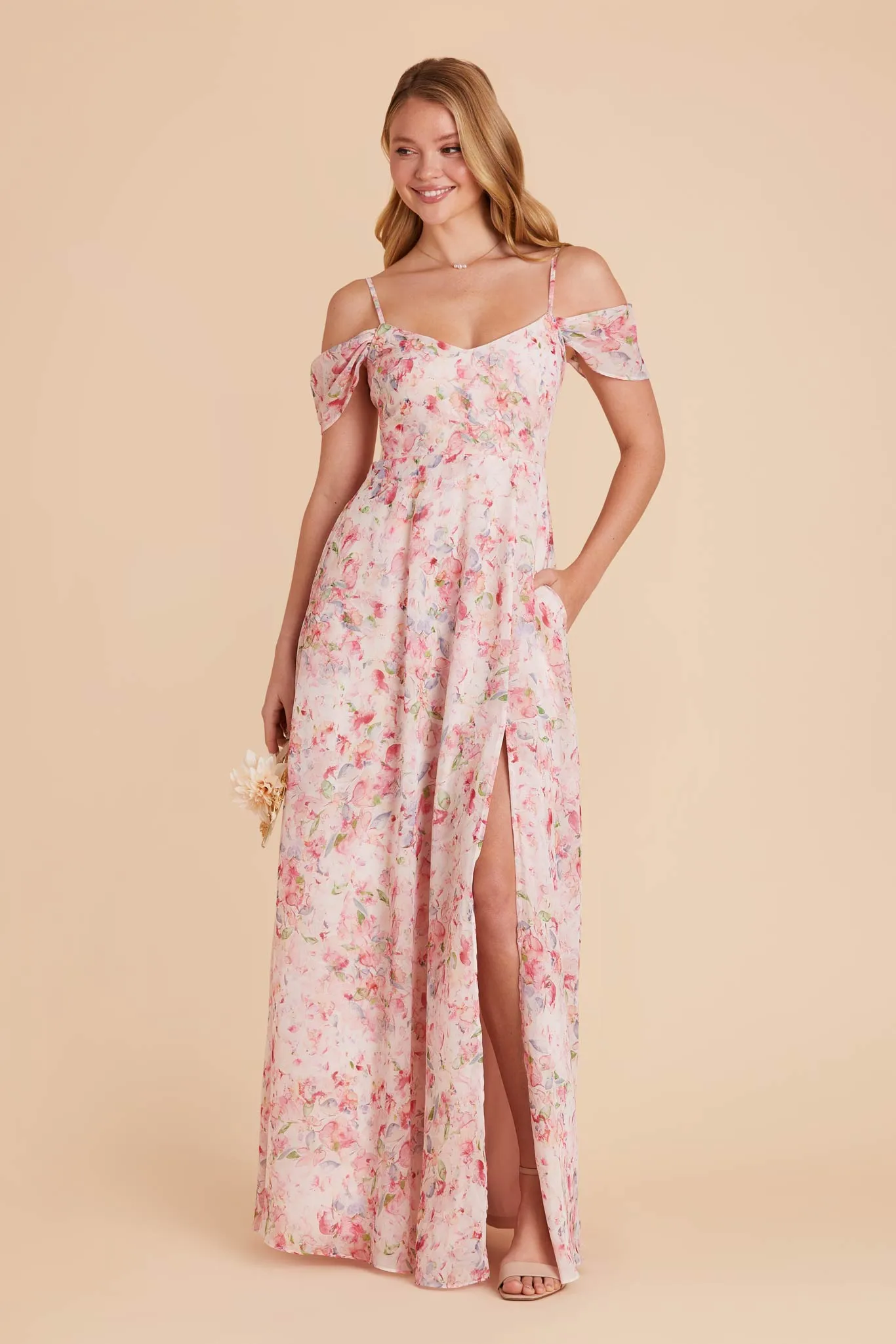 Devin Chiffon Dress With Slit - Pink Falling Petals sold by Birdy Grey product image thumbnail 3