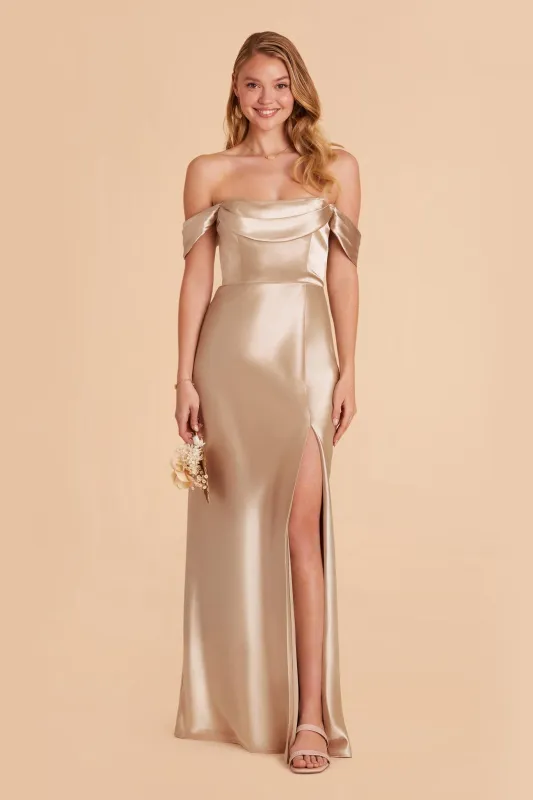 Mia Shiny Satin Dress - Neutral Champagne sold by Birdy Grey