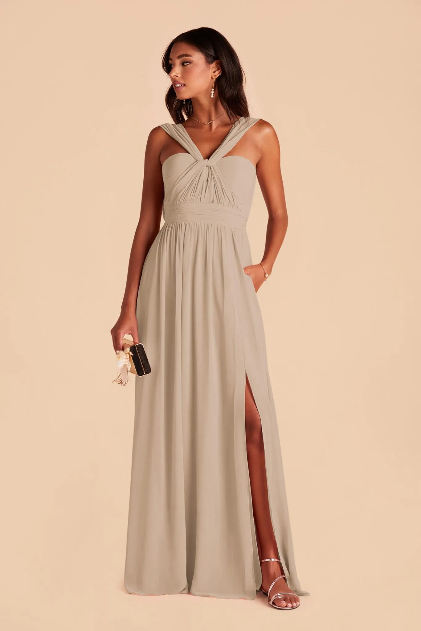 Grace Chiffon Dress With Slit - Almond sold by Birdy Grey