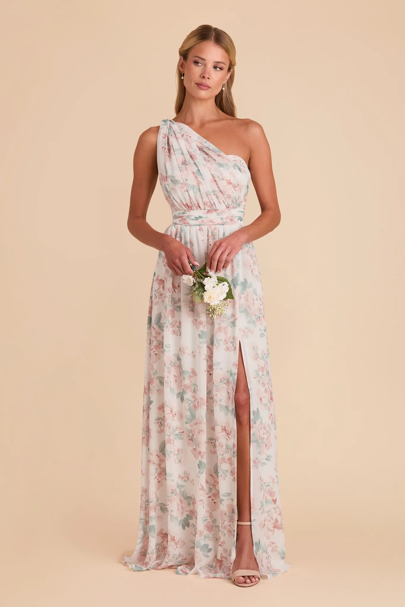 Grace Chiffon Dress With Slit - Dusty Apricot Peonies sold by Birdy Grey product image thumbnail 3