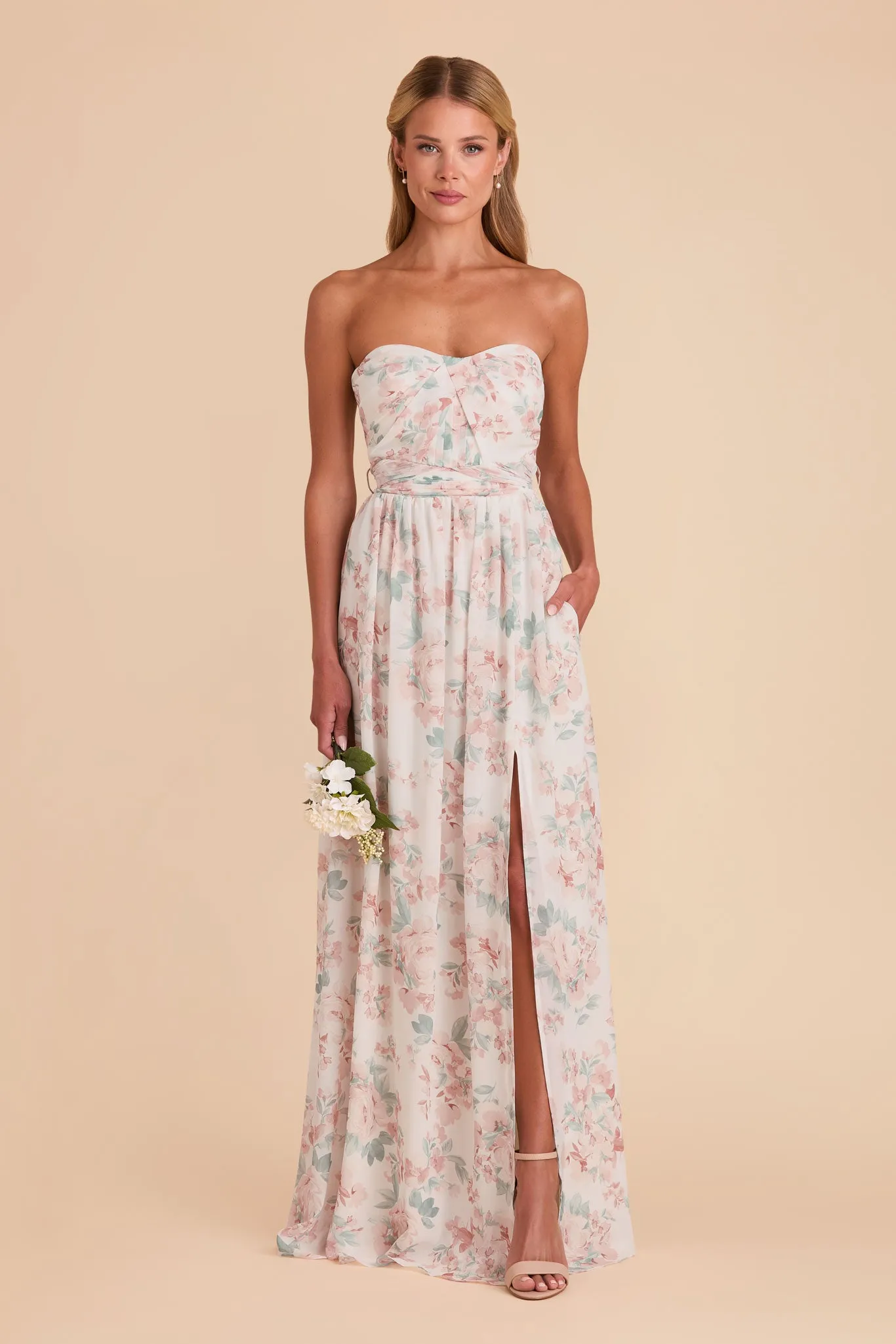 Grace Chiffon Dress With Slit - Dusty Apricot Peonies sold by Birdy Grey product image thumbnail 4