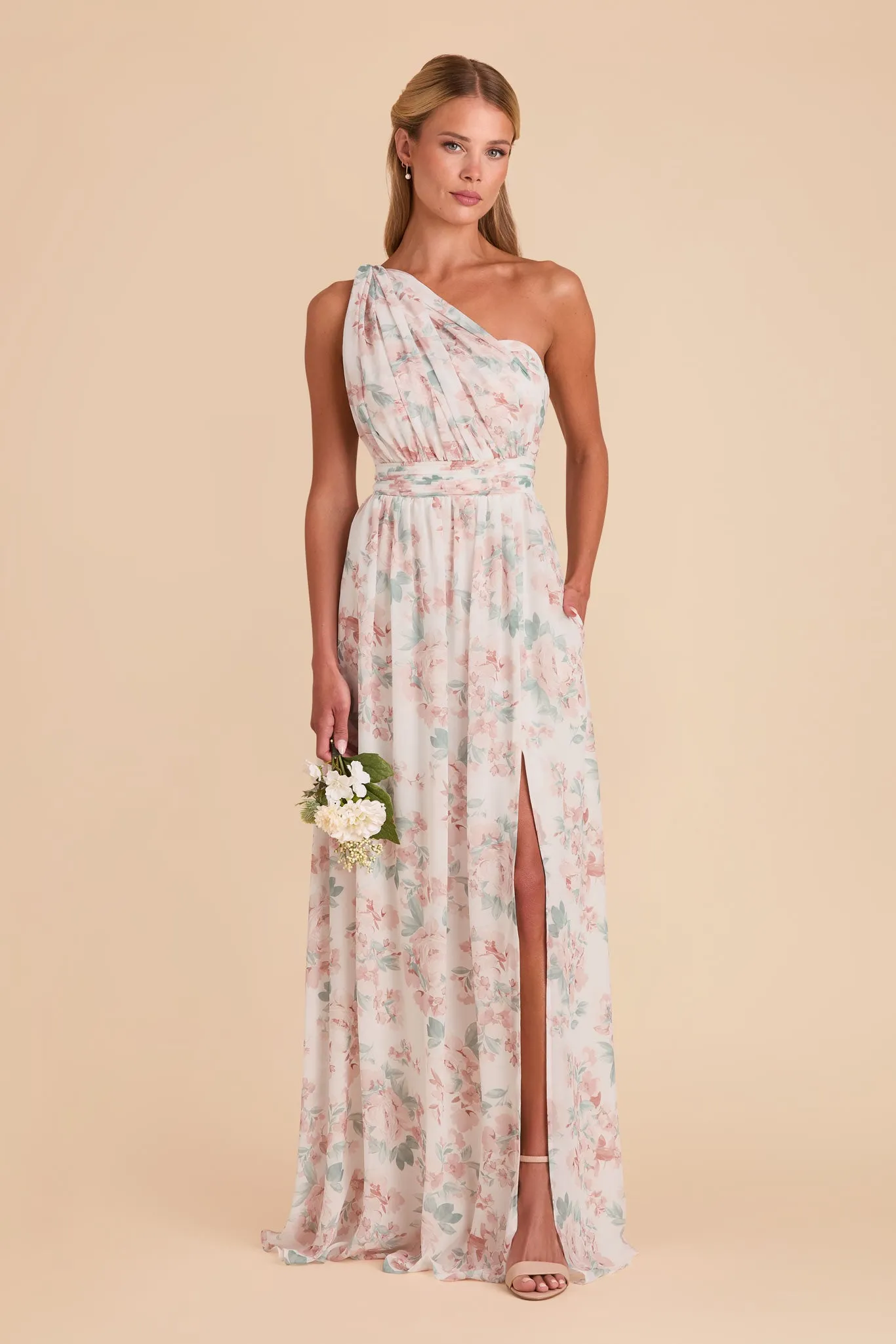 Grace Chiffon Dress With Slit - Dusty Apricot Peonies sold by Birdy Grey product image thumbnail 5