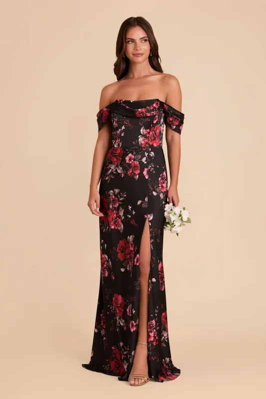 Mia Matte Satin Dress - Black Fleurs D'Amour sold by Birdy Grey