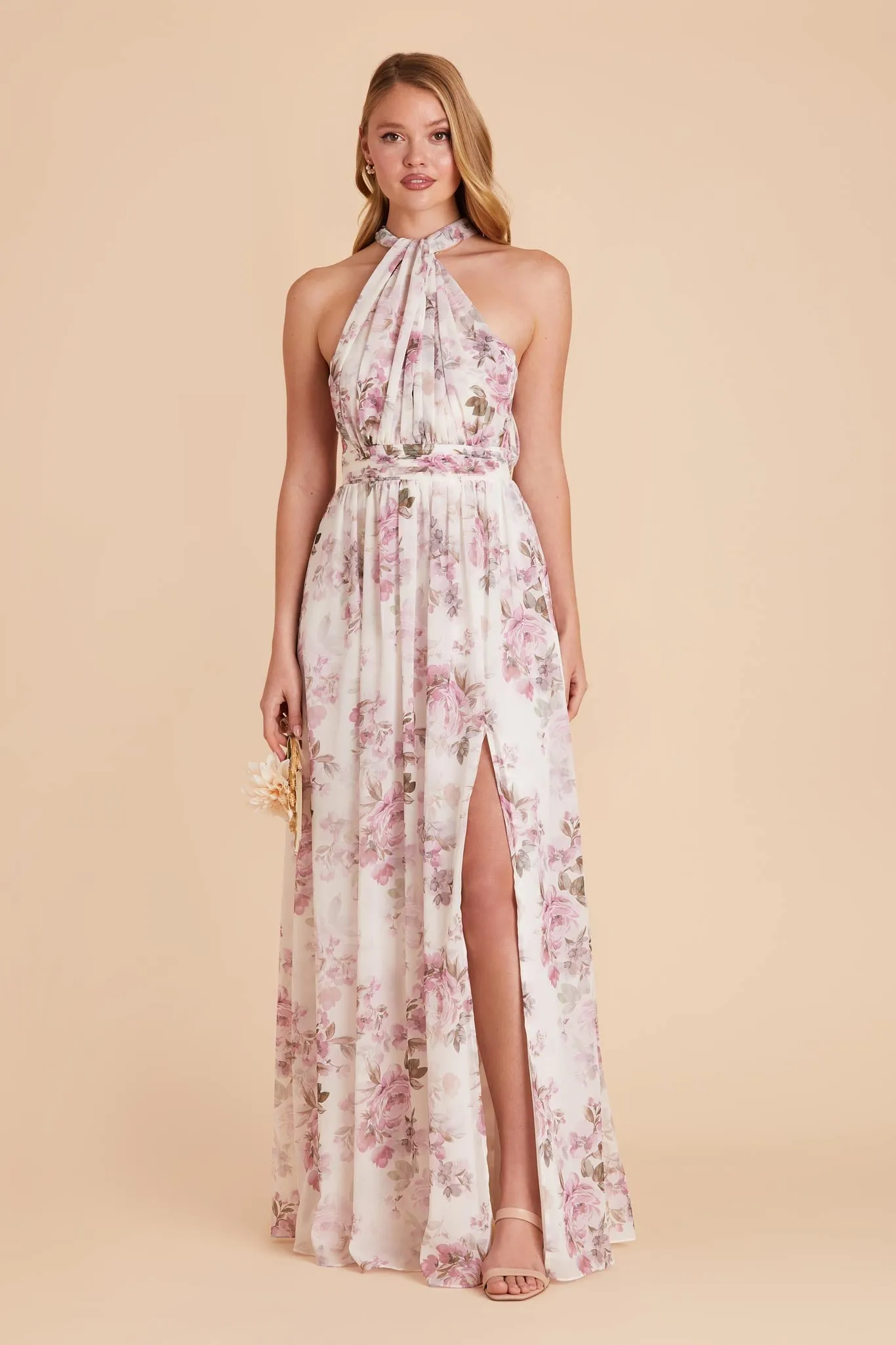 Grace Chiffon Dress With Slit - Dusty Pink Peonies sold by Birdy Grey product image thumbnail 4