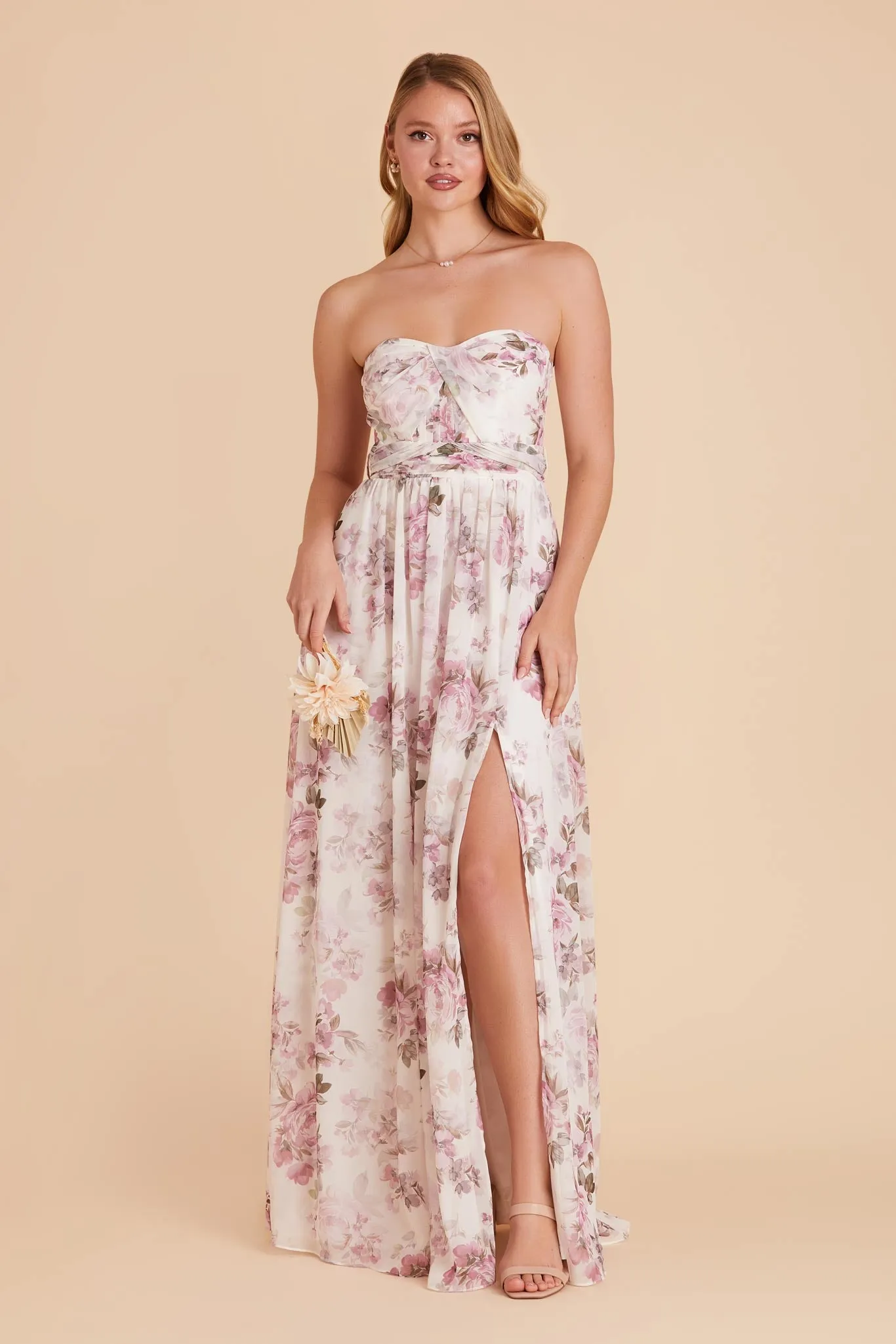 Grace Chiffon Dress With Slit - Dusty Pink Peonies sold by Birdy Grey product image thumbnail 3