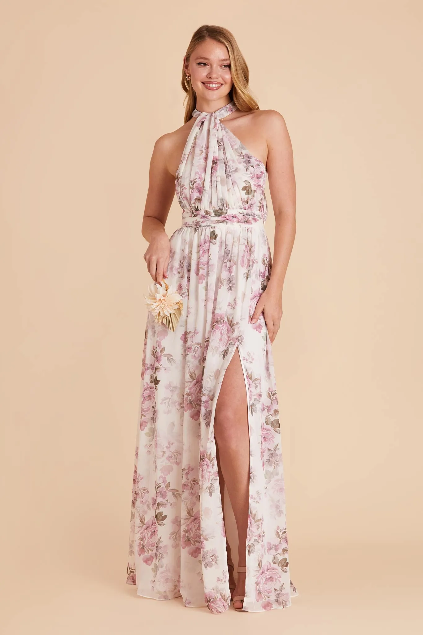Grace Chiffon Dress With Slit - Dusty Pink Peonies sold by Birdy Grey