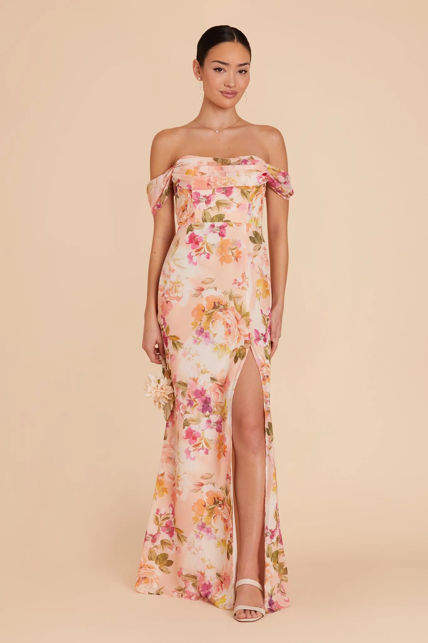 Mira Chiffon Dress - Coral Sunset Peonies sold by Birdy Grey