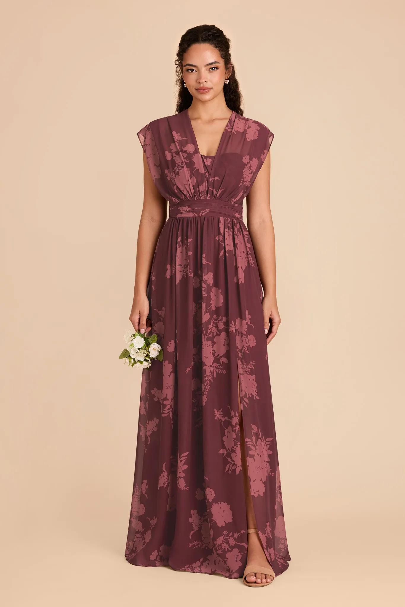 Grace Chiffon Dress With Slit - Sangria Whimsical Blooms sold by Birdy Grey product image thumbnail 2