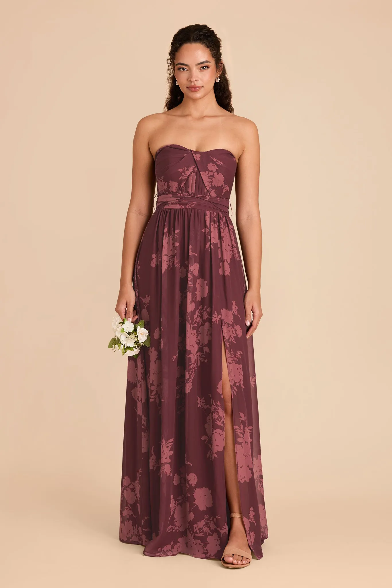 Grace Chiffon Dress With Slit - Sangria Whimsical Blooms sold by Birdy Grey