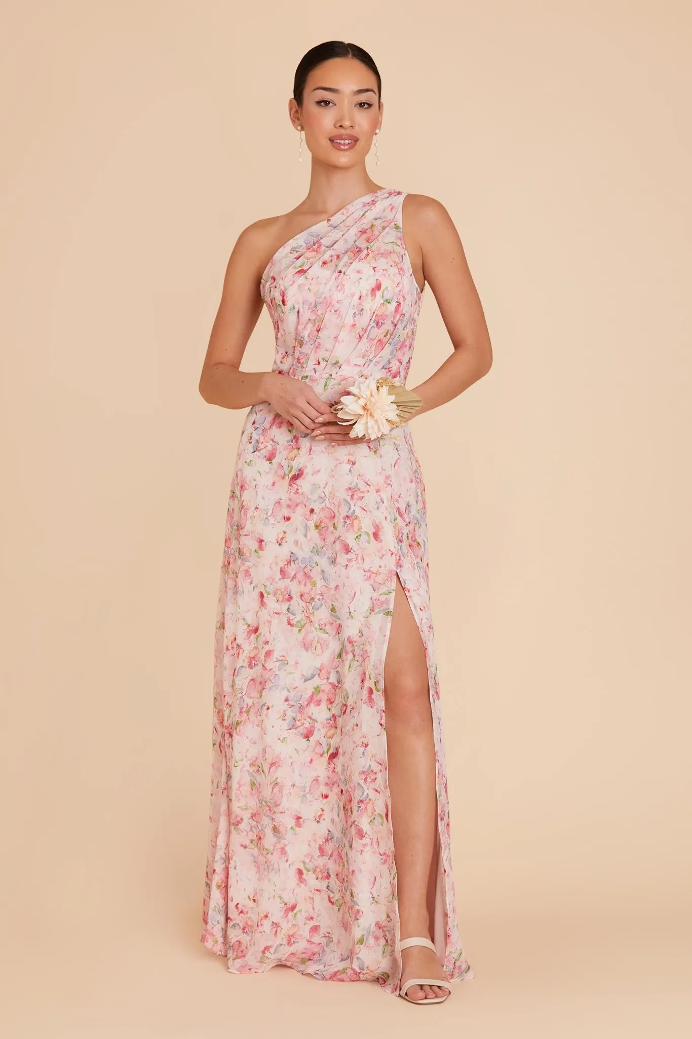 Kira Chiffon Dress With Slit - Pink Falling Petals sold by Birdy Grey