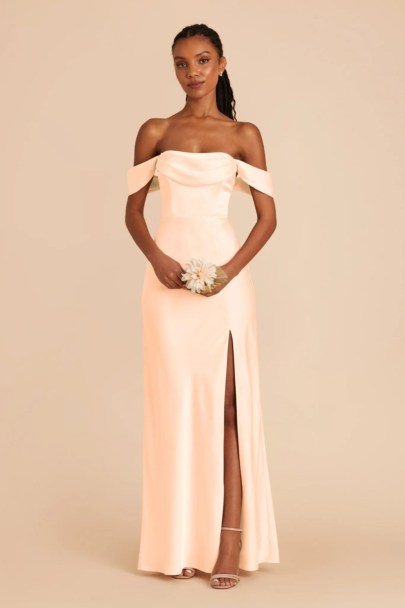 Mia Matte Satin Dress - Peach Cream sold by Birdy Grey