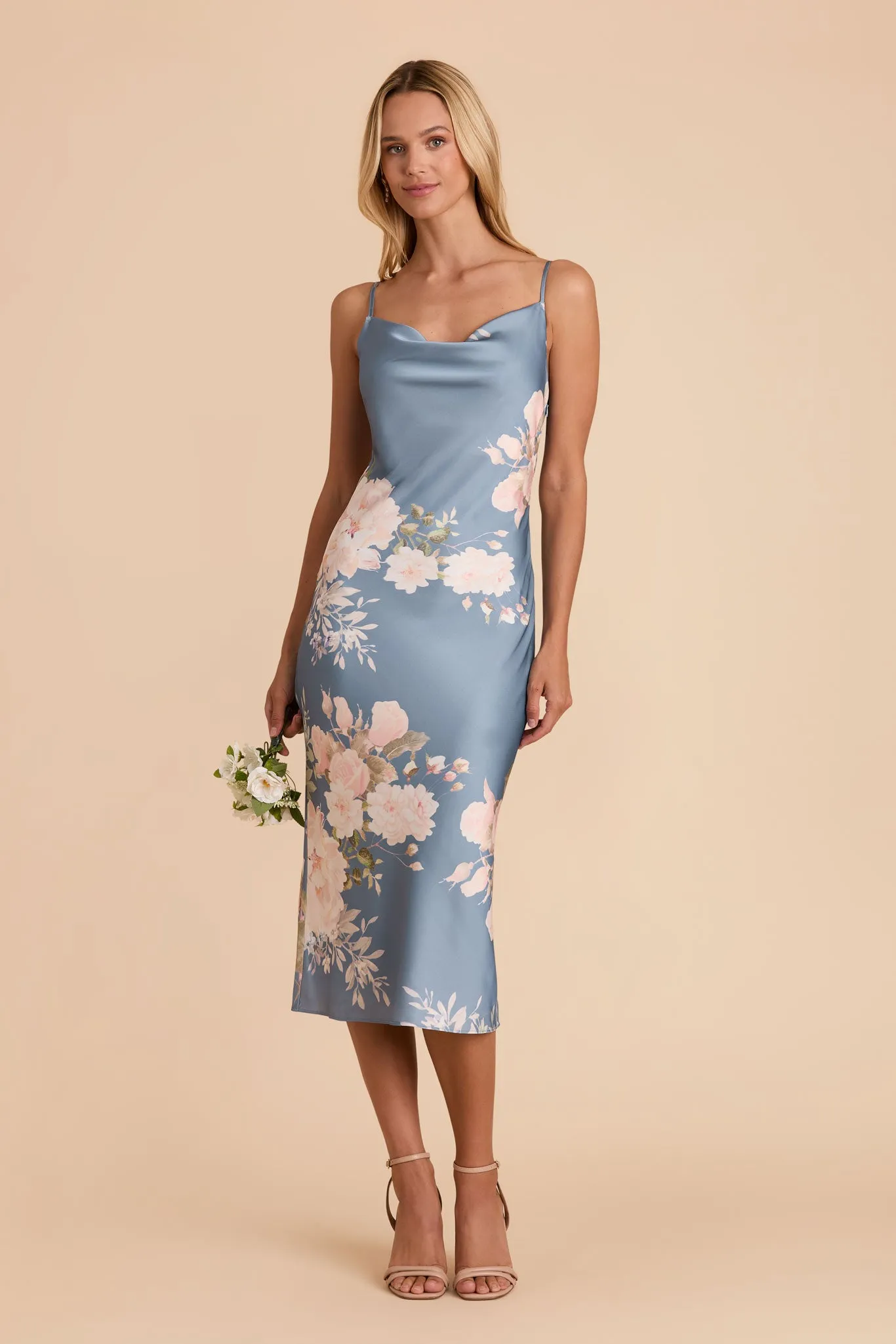Liza Matte Satin Dress - Dusty Blue Romantic Bouquet sold by Birdy Grey
