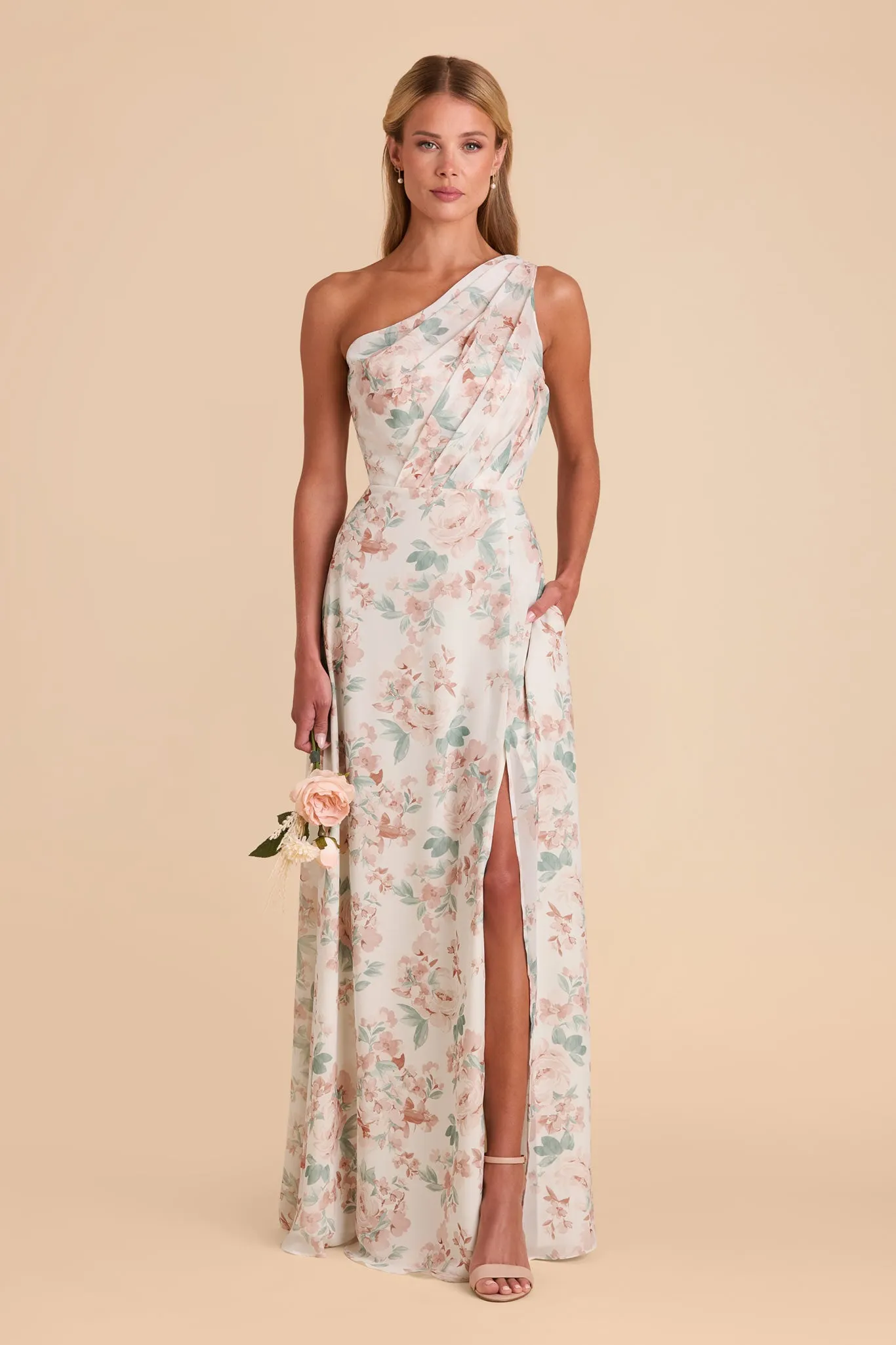 Kira Chiffon Dress With Slit - Dusty Apricot Peonies sold by Birdy Grey product image thumbnail 2