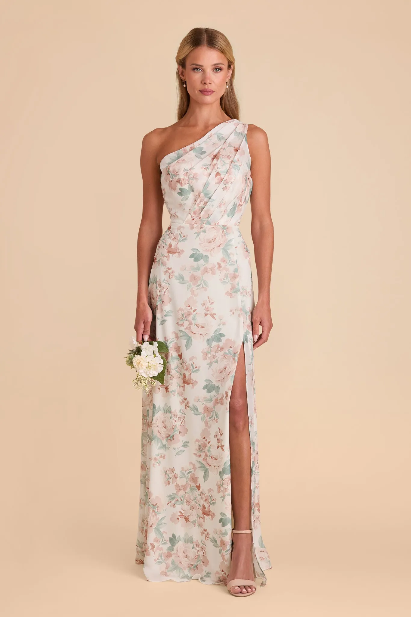 Kira Chiffon Dress With Slit - Dusty Apricot Peonies sold by Birdy Grey