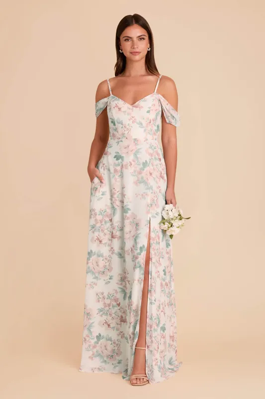Devin Chiffon Dress With Slit - Dusty Apricot Peonies sold by Birdy Grey