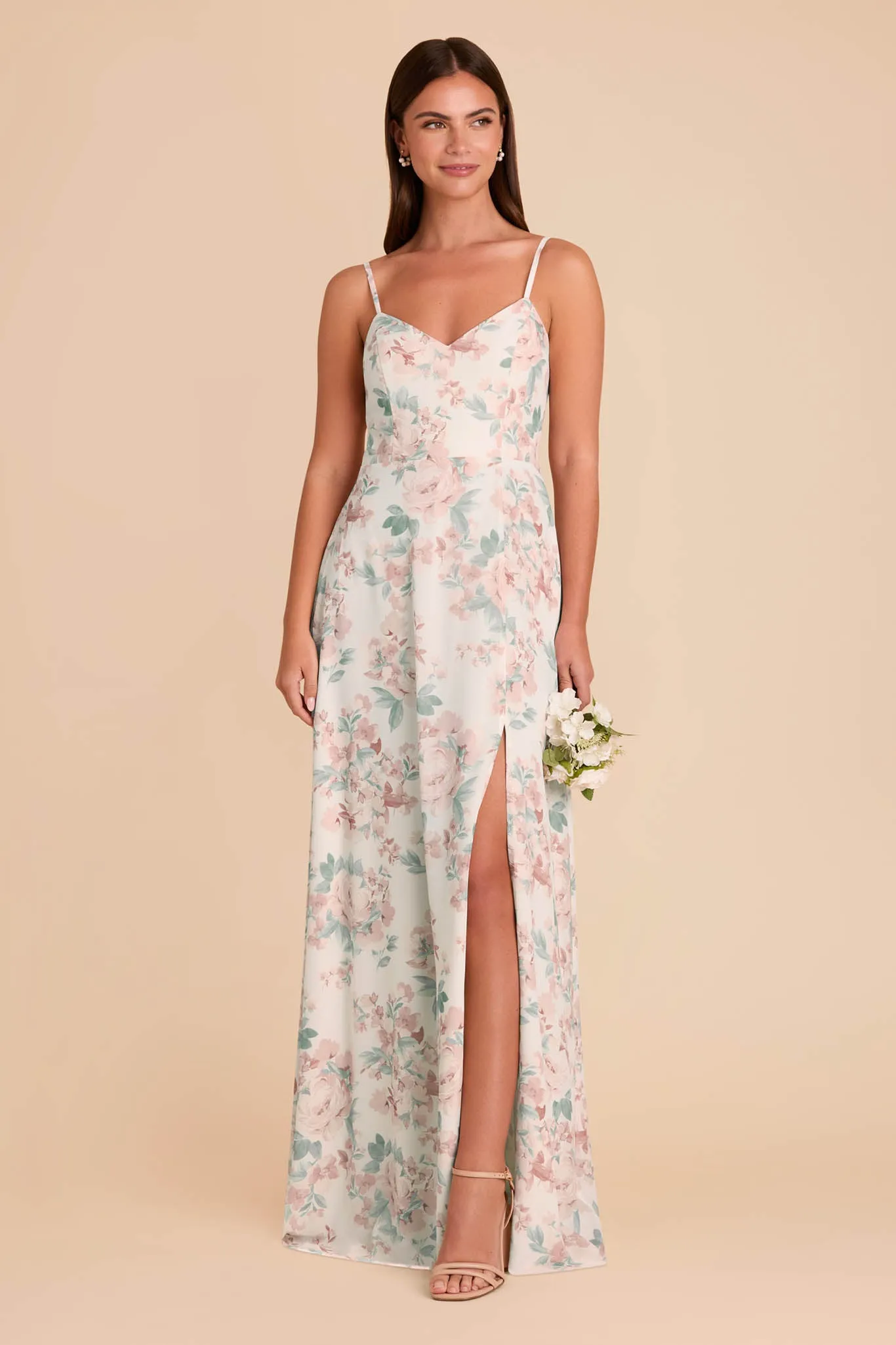 Devin Chiffon Dress With Slit - Dusty Apricot Peonies sold by Birdy Grey product image thumbnail 2